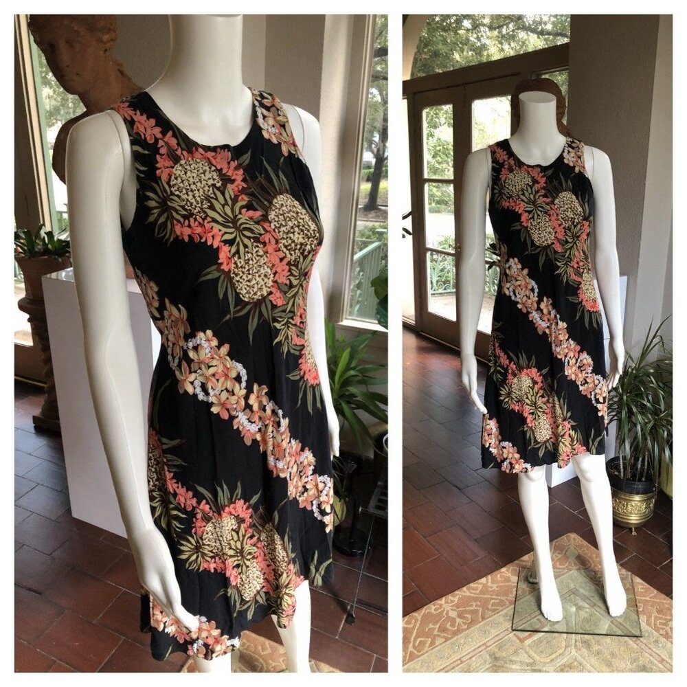Hilo Hattie Black Tropical Floral A-Line Dress with Coral and Cream accents.